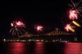 Colorful fireworks explode over bridge. MontrealÃ¢â¬â¢s 375th anniversary. luminous colorful interactive Jacques C Royalty Free Stock Photo